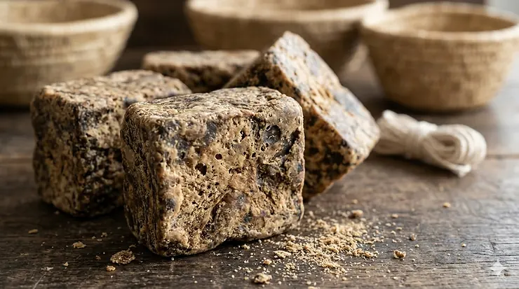 A high-quality block of authentic raw African black soap showing its natural crumbly texture and earthy brown color. where to buy real african black soap