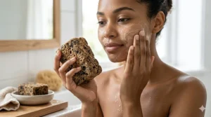 Illustration of African black soap being used to treat acne and improve skin texture naturally.