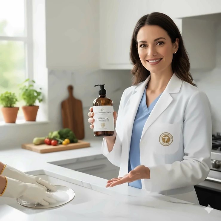 A dermatologist in a white coat holding a bottle of fragrance-free, hypoallergenic dish soap in a clean kitchen setting. what dish soap do dermatologists recommend can you use dish soap as hand soap