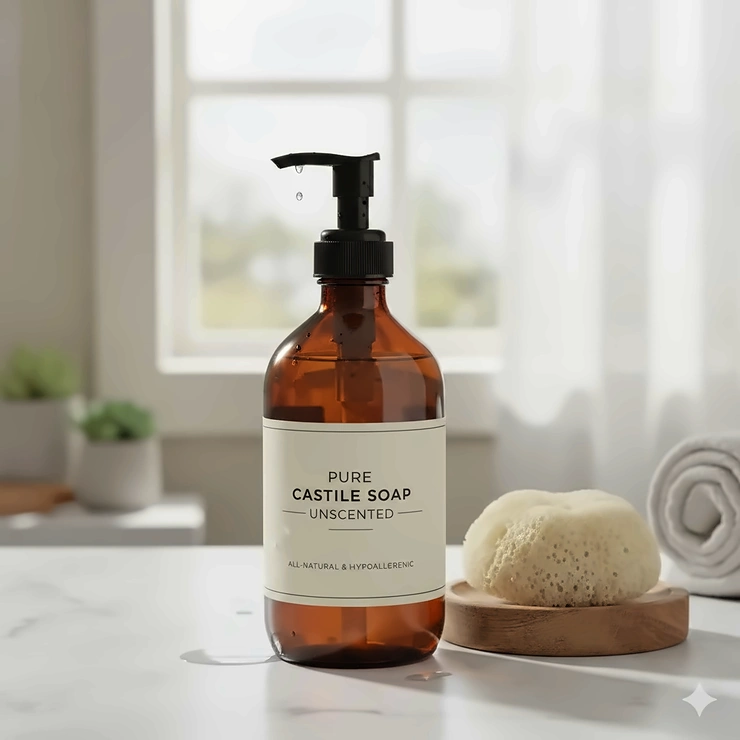 A clear amber bottle of liquid unscented castile soap sitting on a white marble bathroom counter next to a natural sea sponge.