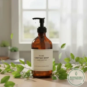 A green leaf icon overlapping a soap bottle to represent the biodegradable and eco-friendly nature of pure castile soap.