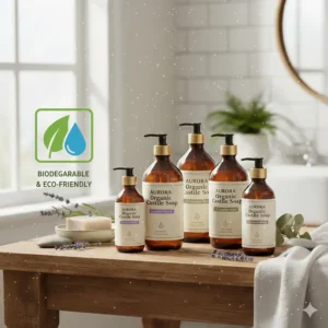 Eco-friendly icon showing a leaf and water droplet to represent biodegradable castile soap properties.