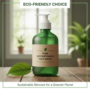 Illustration of a biodegradable soap bottle and a green leaf, emphasizing sustainable skincare.