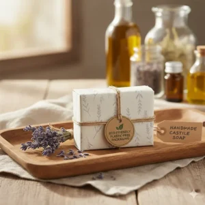 Illustration of eco-friendly, plastic-free paper wrapping for a lavender castile bar soap.