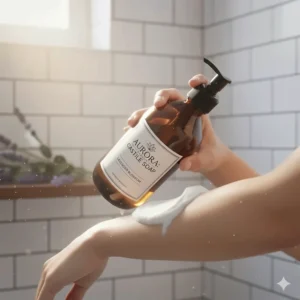 A stylized graphic of a person using castile soap as a natural body wash in the shower.