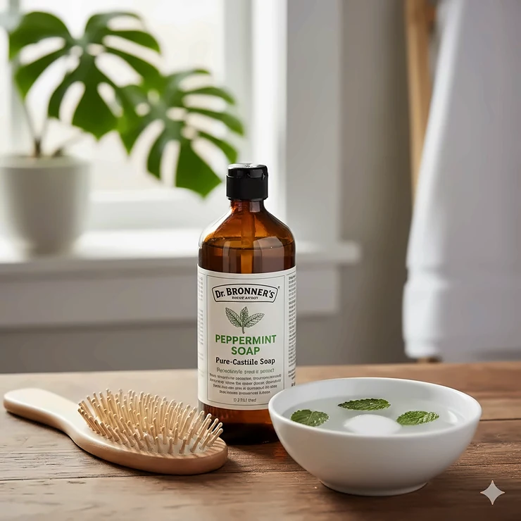 A bottle of liquid peppermint castile soap next to a wooden hairbrush and a bowl of water, representing castile soap for hair washing.