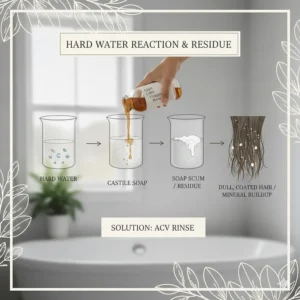 A visual explanation of how minerals in hard water can react with castile soap to create hair film or scum.