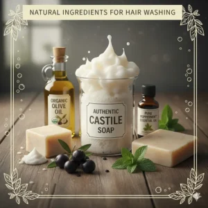 An illustration showing organic oils like olive and coconut oil used in making castile soap for hair washing.