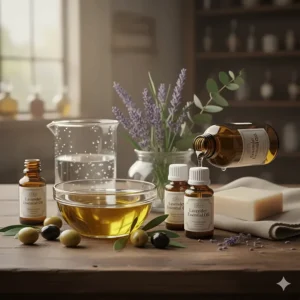 Illustration showing the natural ingredients of castile soap including olive oil, water, and essential oils.