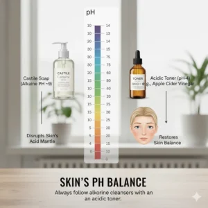 A diagram explaining the alkaline pH of castile soap and the importance of following up with an acidic toner.