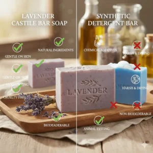 A comparison chart showing the chemical-free benefits of lavender castile bar soap versus synthetic detergents.