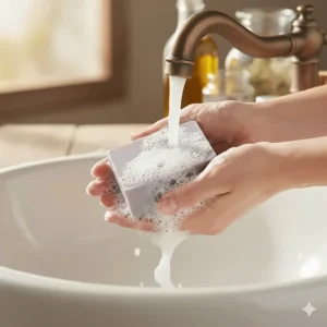 A close-up illustration of the rich, creamy lather produced by a natural lavender castile bar.