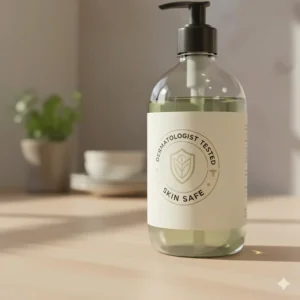 A close-up illustration of a "Dermatologist Tested" professional seal on a dish soap bottle label.