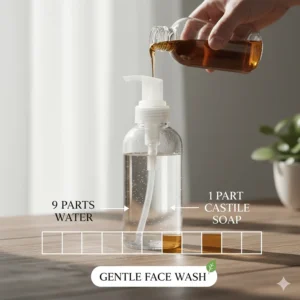 An infographic showing the proper water-to-soap ratio for a gentle castile soap face wash.