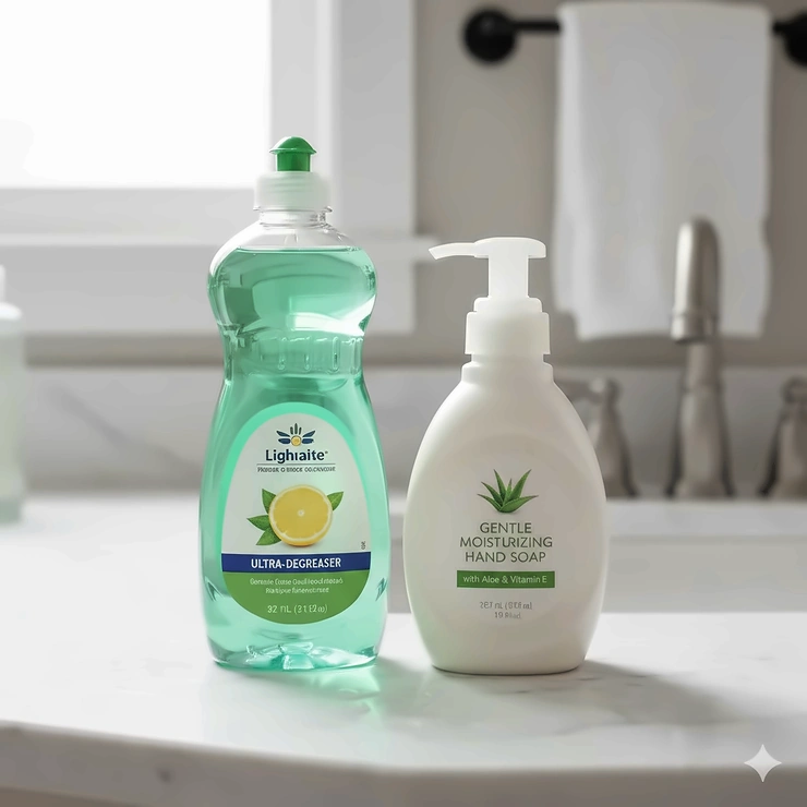 A bottle of liquid dish soap and a bottle of moisturizing hand soap sitting side-by-side on a white marble bathroom counter. can you use dish soap as hand soap