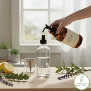 Illustration of a spray bottle, water, and unscented castile soap being mixed for a natural DIY home cleaner.