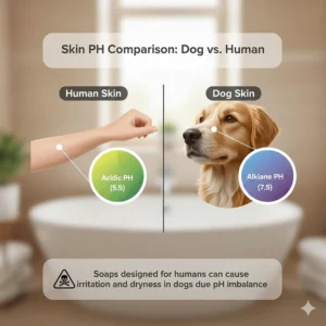 An infographic comparing the alkaline pH of dog skin to the more acidic pH of human skin to explain soap sensitivity.