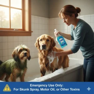 A visual representation of when it is appropriate to use Dawn, such as after a dog encounters skunk spray or motor oil.