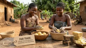 A graphic highlighting fair trade and ethically sourced African black soap from local cooperatives.
