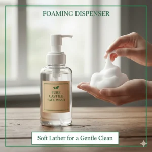 Illustration of a foaming pump bottle used to create a light lather for a castile soap face wash.