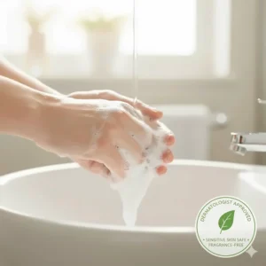 Illustration showing a gentle lather on a hand with a sensitive skin approved seal for fragrance-free soap.