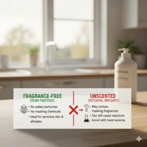 A visual side-by-side comparison explaining why dermatologists prefer fragrance-free soap over unscented options for hand eczema.