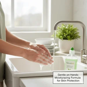 A person washing dishes with a grease-cutting soap that includes moisturizing ingredients for skin protection.