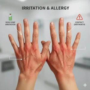 Illustration of red, dry, and cracked skin on hands caused by frequent use of harsh dish detergents.