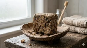 Raw African black soap stored in a dry wooden soap dish to prevent melting.