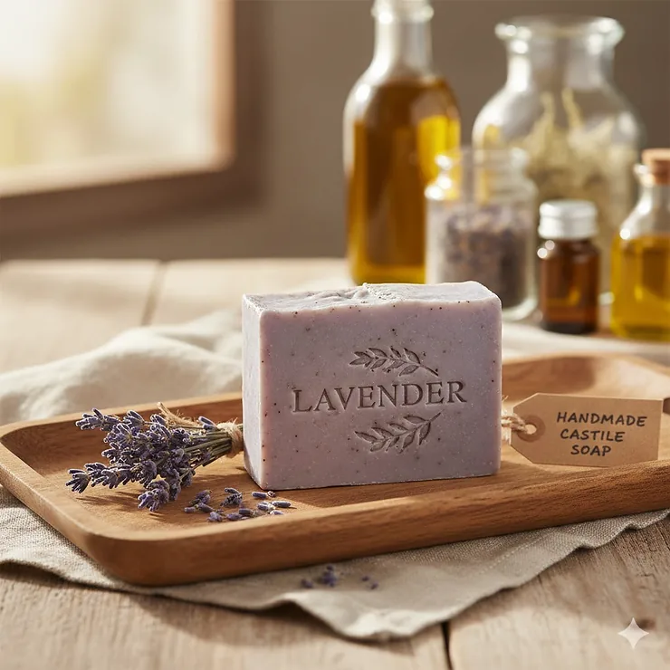 A rustic wooden tray holding a bar of purple lavender castile soap next to a bundle of dried lavender flowers. lavender castile bar soap where to buy real african black soap