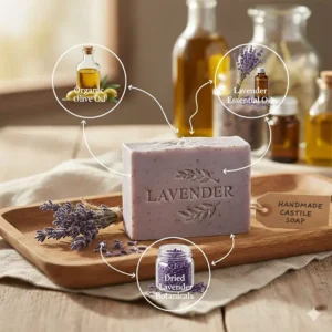 An infographic showing natural ingredients like organic olive oil and lavender essential oil used in the castile soap bar.