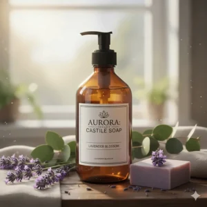 A botanical illustration of lavender sprigs surrounding a bottle of scented castile soap.