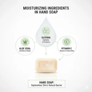 Infographic highlighting skin-soothing ingredients like glycerin and aloe vera found in hand soap but missing from dish soap.