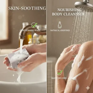 Illustration showing the lavender castile soap being used as both a gentle hand wash and a full-body cleanser.