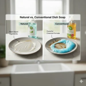 Side-by-side comparison of organic dish soap versus conventional grease-cutting formulas on a dirty plate.