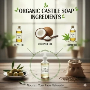 Graphic showing olive oil, coconut oil, and hemp oil as the plant-based base of castile soap for facial care.