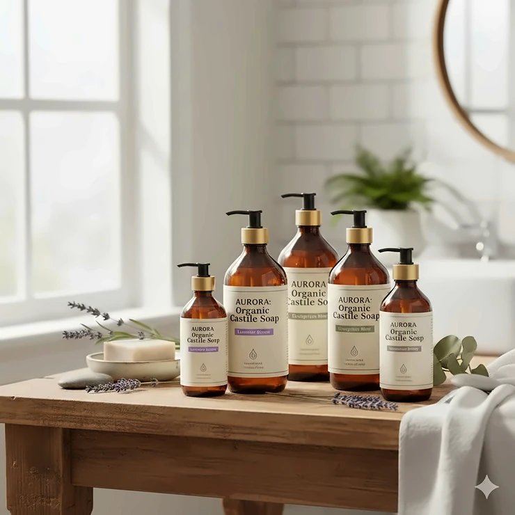 A collection of premium organic liquid castile soap bottles with minimalist labeling on a wooden bathroom vanity. castile soap brand
