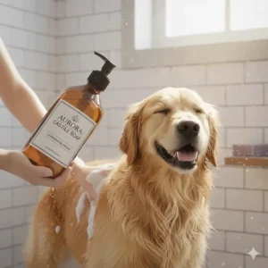 Illustration of a dog being washed with gentle, pet-safe castile soap.