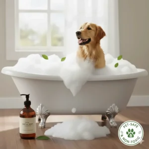 Illustration of a dog in a bathtub with bubbles, labeled as a non-toxic wash using unscented castile soap.
