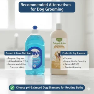 A side-by-side comparison of Dawn dish soap and a pH-balanced oatmeal dog shampoo for regular grooming.
