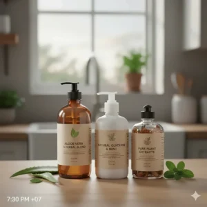 A collection of plant-derived dish soaps featuring ingredients like aloe vera and glycerin recommended for sensitive skin.