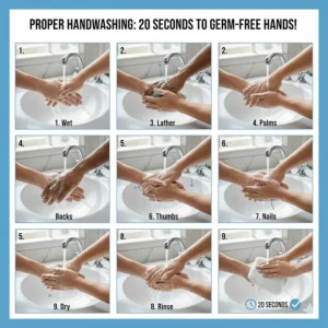A step-by-step diagram showing the 20-second handwashing process to effectively remove germs.