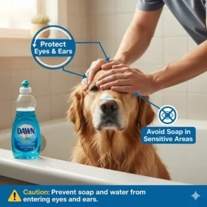 A guide showing how to avoid getting dish soap bubbles in a dog's sensitive eye and ear areas.