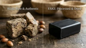 Comparison guide showing the difference between real crumbly black soap and dyed black synthetic bars.