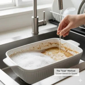 A ceramic baking dish filled with hot soapy water to loosen baked-on grease.
