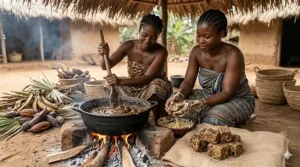 Artisans in West Africa using traditional methods to craft authentic handmade black soap.