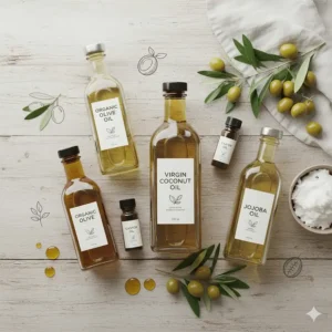 Flat lay illustration of organic oils like olive, coconut, and jojoba used to make pure unscented castile soap.