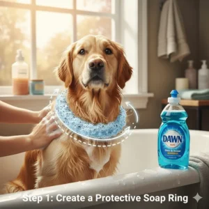 A diagram showing how to apply Dawn soap around a dog's neck to prevent fleas from reaching the head during a bath.