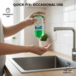 A person using a small drop of dish soap to wash hands in a kitchen sink as a one-time substitute.