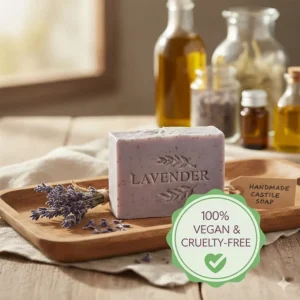A decorative badge or seal confirming that the lavender castile bar soap is 100% vegan and cruelty-free.